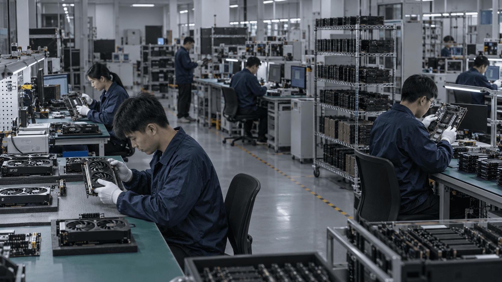 Technicians working in a Shenzhen computer component manufacturing facility